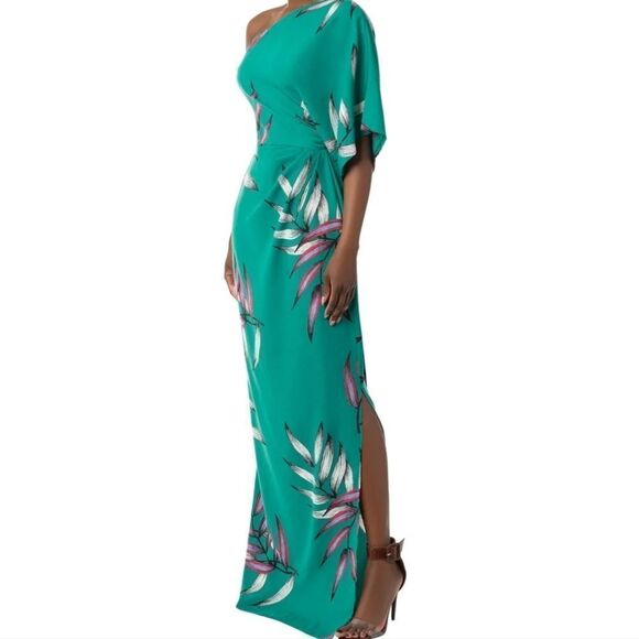 FKSP‎ Folake Kuye Teal Leilani Jade One Shoulder Tropical Draped Maxi Dre… - Picture 2 of 10